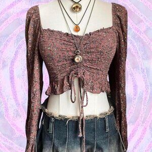 Purple ribbed mauve long sleeve floral ruched crop top